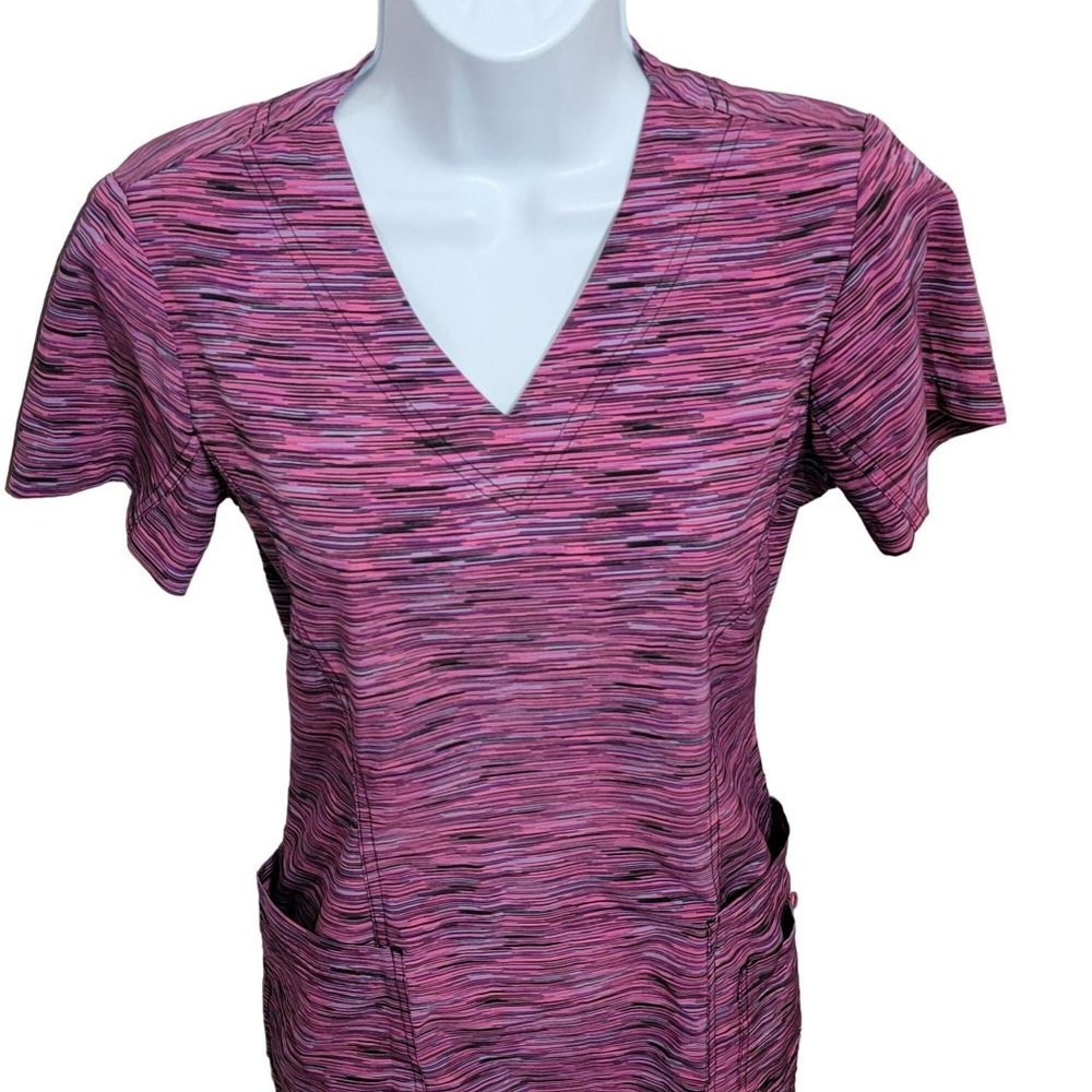 Scubletics Women XS Scrub Top, Pink, Purple, Gray Striped, Short Sleeve, EUC
